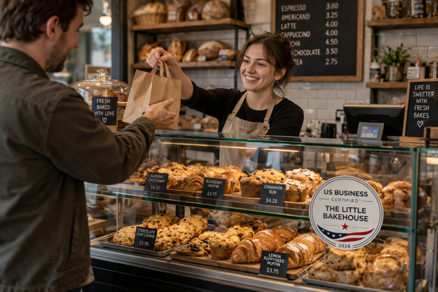 US Business Certified badge in a cafe storefront